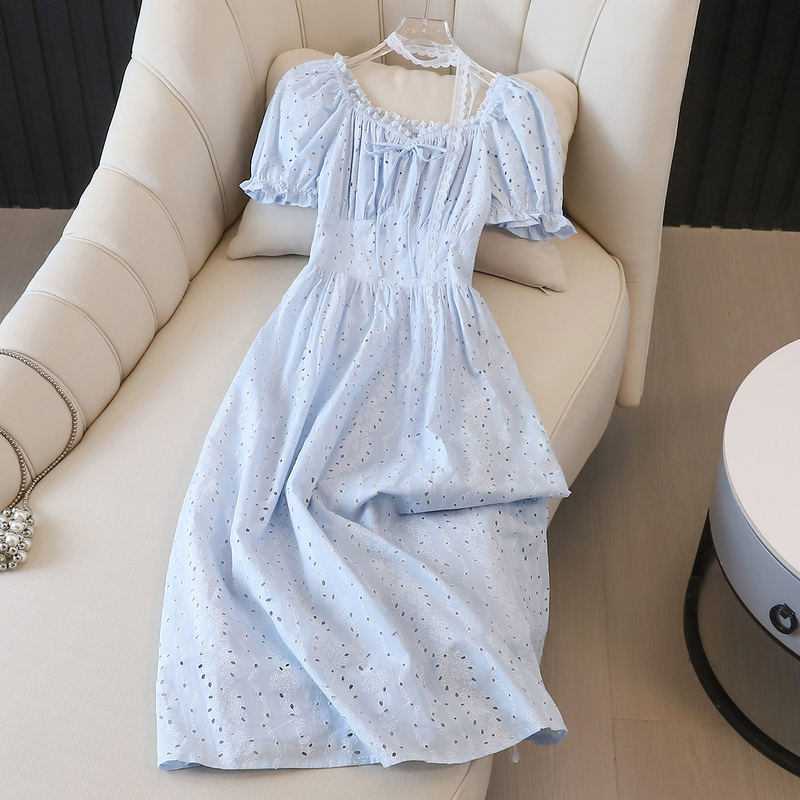2026 New Style Petite Waist-Slimming A-Line Skirt Holiday Style Long Skirt French Square Neck Blue Dress for Women