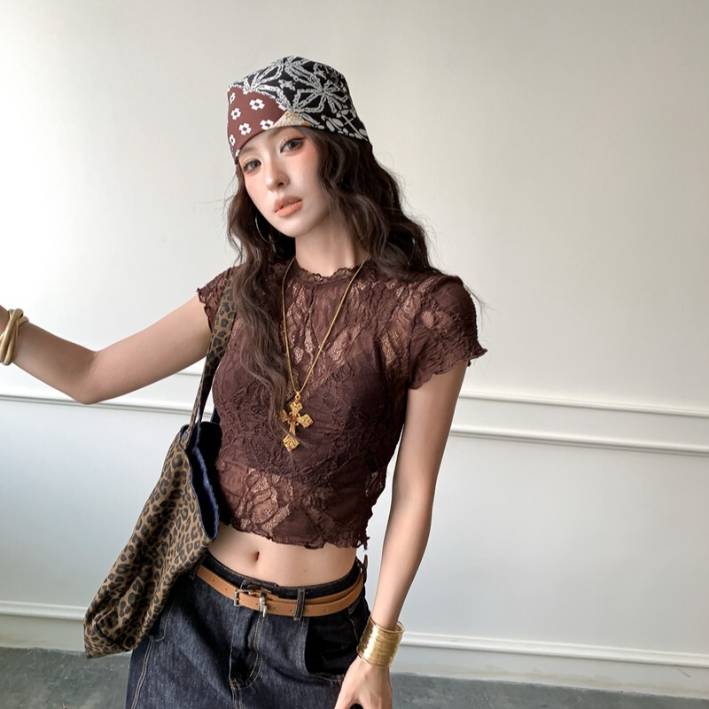 See-Through Hollow Lace Short-Sleeve T-Shirt for Women, Summer 2026 New Thin Sexy Crop Top See-Through Hollow Lace Short-Sleeve T-Shirt for Women, Summer 2026 New Thin Sexy Crop Top