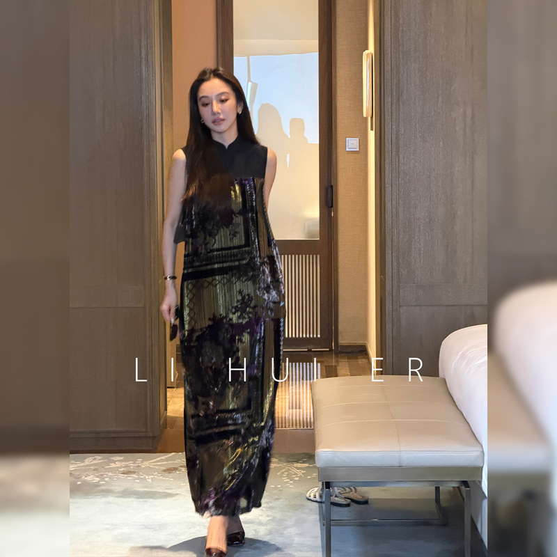 Lihuier Li Hui'Er Utopian Secret Realm Medieval Style Cheongsam Collar Flocked Print Shiny Silk Dress Tank Dress