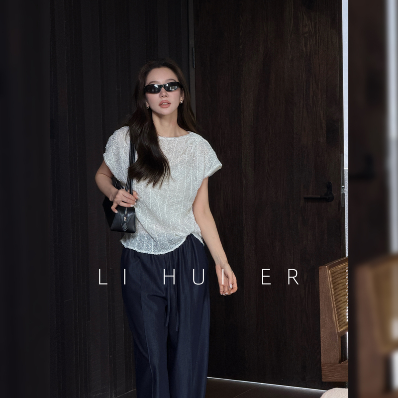 Lihuier Iceland Morning Mist Beaded Full Embroidery Sheer Heavy Craft Luxury Round Neck Short Sleeve T-Shirt Top Summer