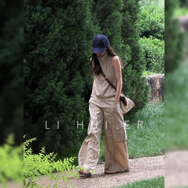 Lihuier [Sky City] Summer Light Khaki Stand Collar Workwear Vest and Long Pants Two-Piece Set for Women