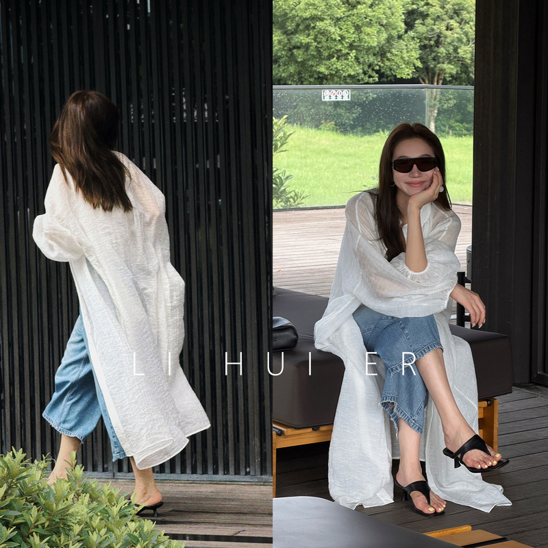 Lihuier [Pearl Tears] Summer Moonlight White Lightweight Sunscreen Linen-Feel Long Trench Coat for Women