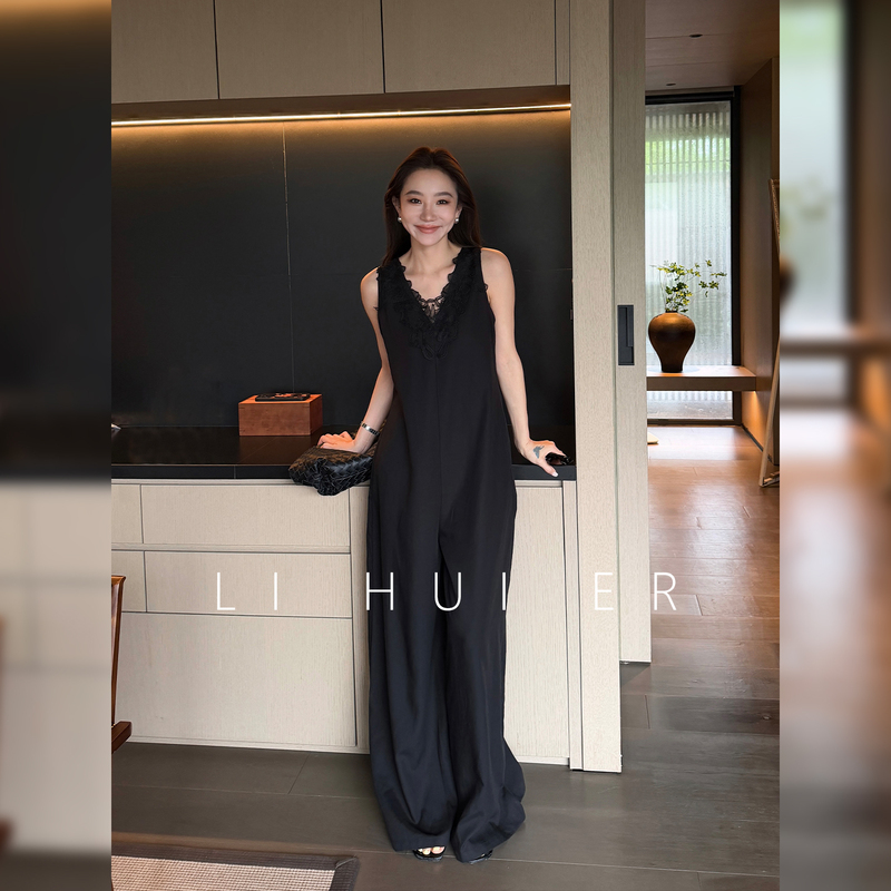 Lihuier [Wild Gauze] Summer Dark Black Lyocell High-Waisted Straight-Leg Jumpsuit Women's Clothing