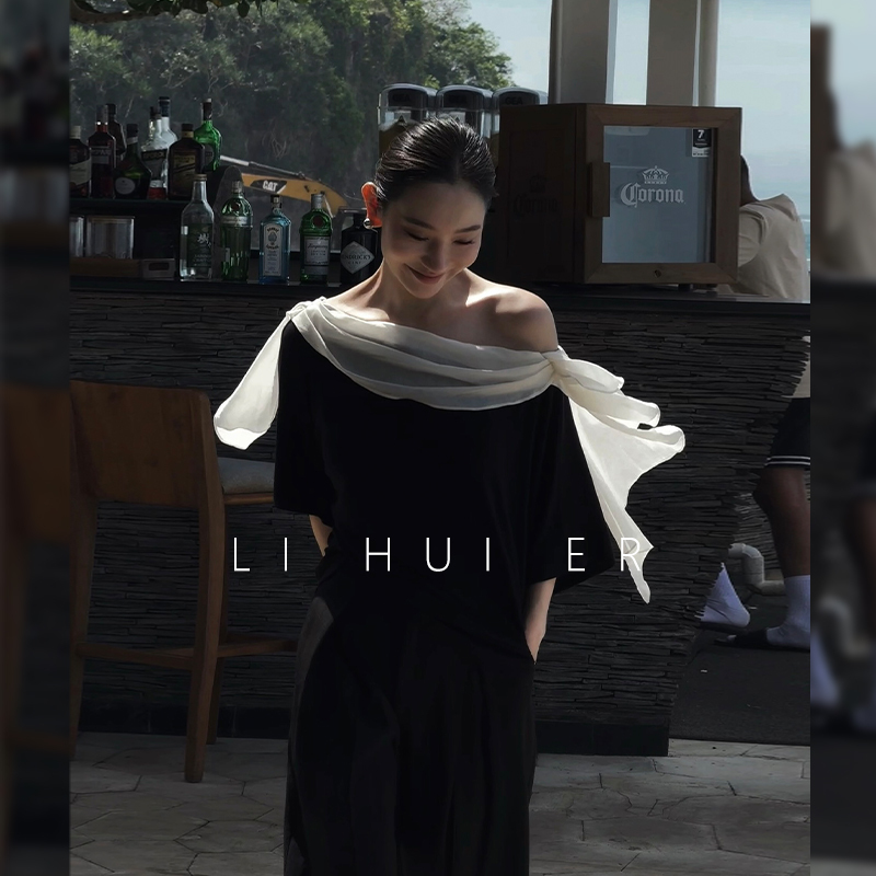 Lihuier Pennyda Coast Black T-Shirt for Women, Off-Shoulder, Niche Short-Sleeve, Asymmetrical Shoulder, Stylish Top