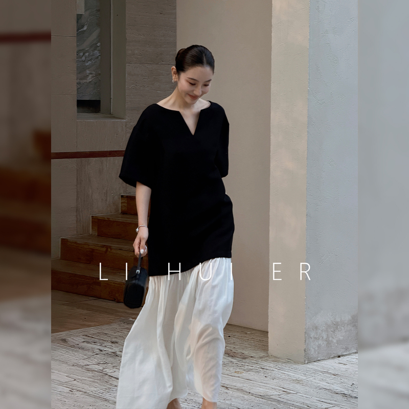 Lihuier Noah's Ark High-End Color-Blocking Fake Two-Piece Dress for Women, Casual Vacation Long Dress