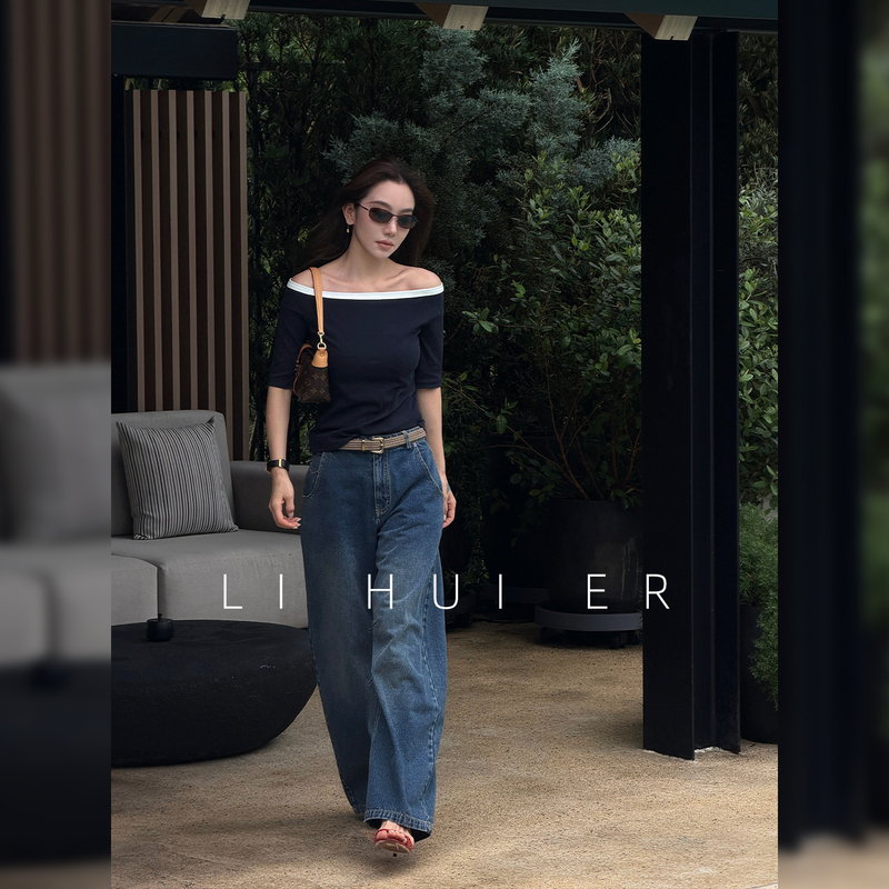 Lihuier Kite Blue High-Waisted Curved Pants Women's Summer Washed Vintage Jeans Banana Pants