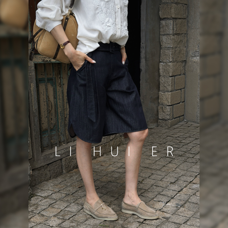 Lihuier [Twilight Old Hall] Retro High-Waisted Denim Shorts, Loose Slimming Wide-Leg Casual Pants