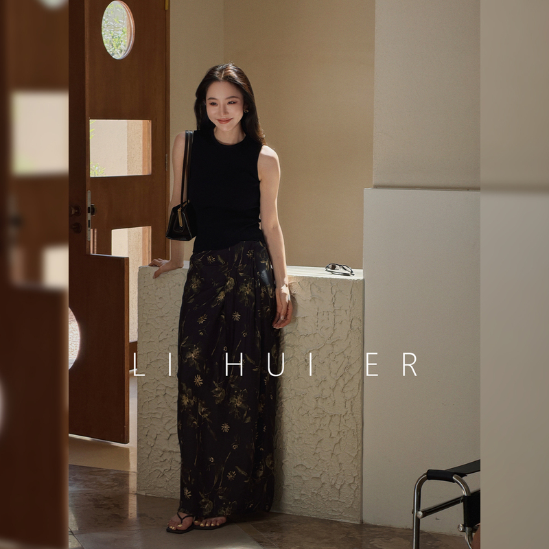 Lihuier [Lan Jing] Black Printed H-Line Skirt for Women, Summer Light Luxury High-End Vacation Long Skirt