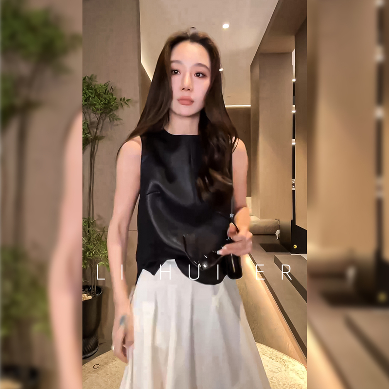 Lihuier Li Hui'Er Extreme Night Summer Style Linen Old Money Style Black Sleeveless Round Neck Vest Top for Women
