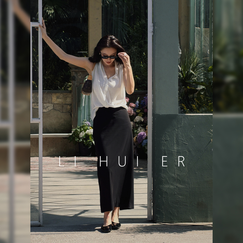 Lihuier [Old Color Flowing Sand] Black High-Waisted Straight Skirt Women's Summer Style High-End Long Skirt