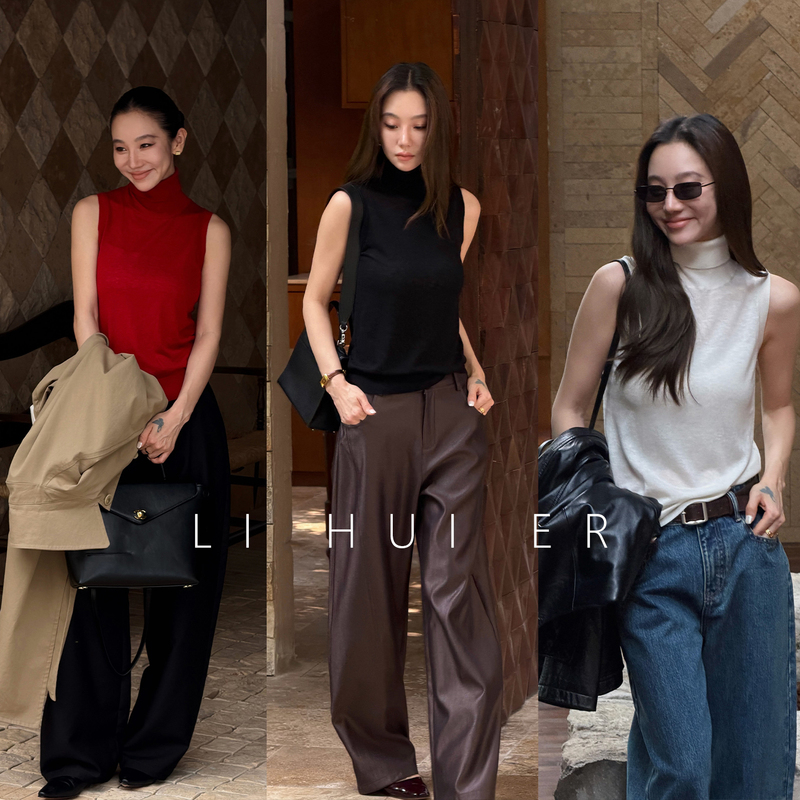 Lihuier [Half Roll] Autumn Sheep Wool Sleeveless Vest High Neck Inner Layer Knitted Sweater for Women