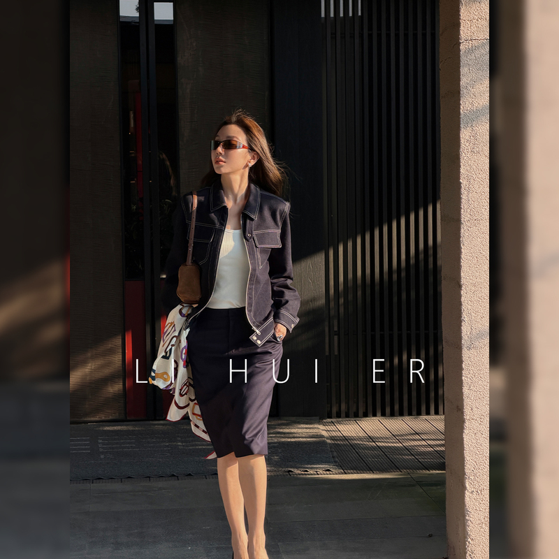 Lihuier Li Hui'Er Qingdao Holiday Autumn Style Hong Kong Retro Tencel Cotton Dark Blue Zipper Denim Jacket
