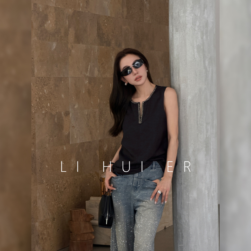Lihuier [Yuan Shan Jin] Summer Dark Black Round Neck Patchwork Loose Viscose Sleeveless Tank Top