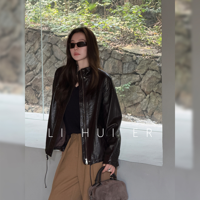 Lihuier [Lofoten Church] High-End Luxury Sheep Leather Vintage Black Coffee Genuine Leather Jacket for Women