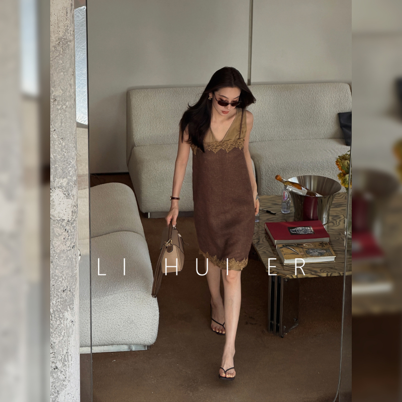 Lihuier [Midsummer Van Gogh] Summer Brown Draped V-Neck Camisole and Skirt Two-Piece Set for Women