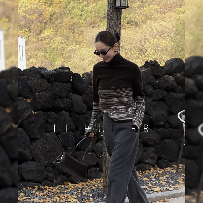 Lihuier Artist Fair Isle Cashmere Turtleneck Sweater Winter Vintage Design Knitwear