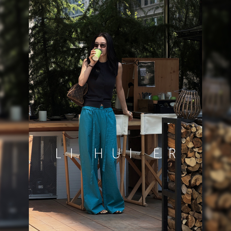 Lihuier [Blue Star Dust Night] Blue Lace-Up Cotton Linen Straight Pants Summer Style Loose Casual Pants