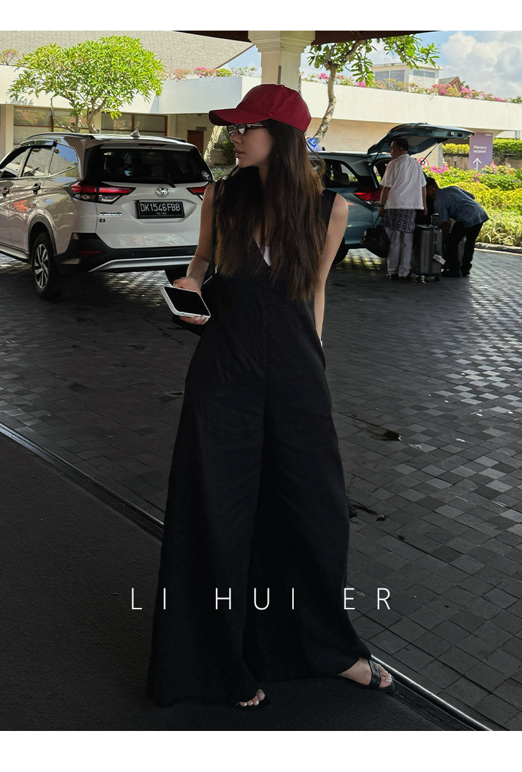 Боди/брюки lihuier李慧儿【雾港来信】轻奢高级v领设计显瘦两面穿亚麻连身裤 her