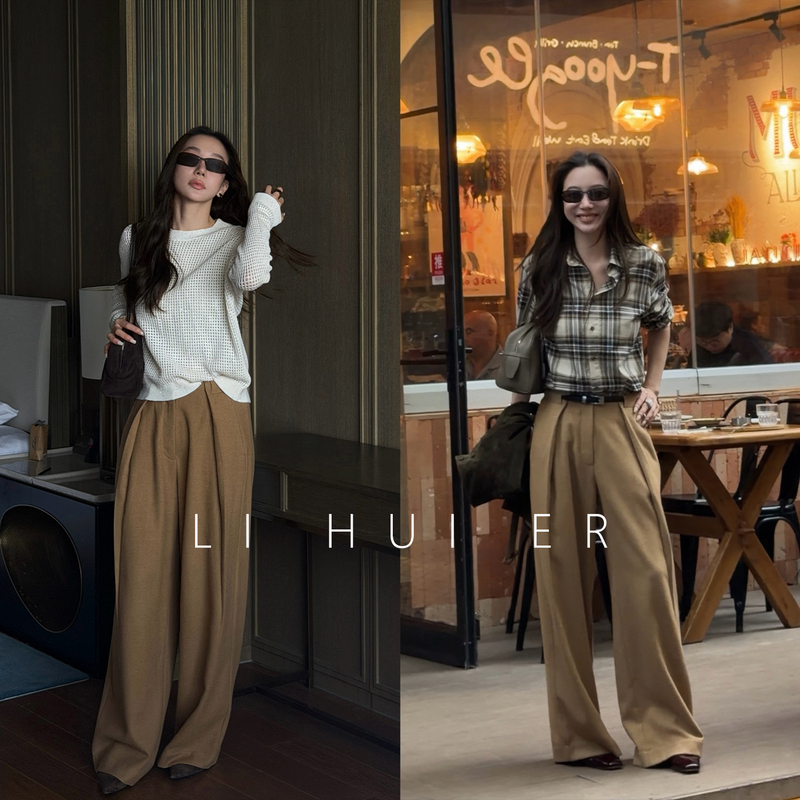 Li Hui Er Khaki Minimalist Casual Pants for Women, Old Money Style Wool Drape Trousers