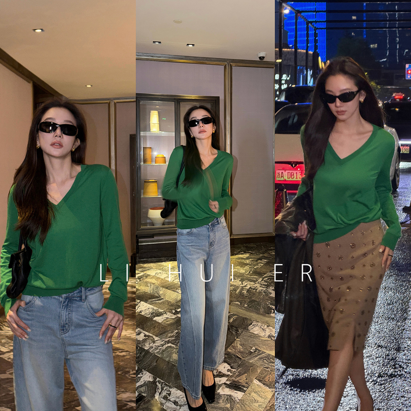 Lihuier [Green Tomato] Sheep Wool Leaf Green V-Neck Long Sleeve Knit Top Niche Autumn Style