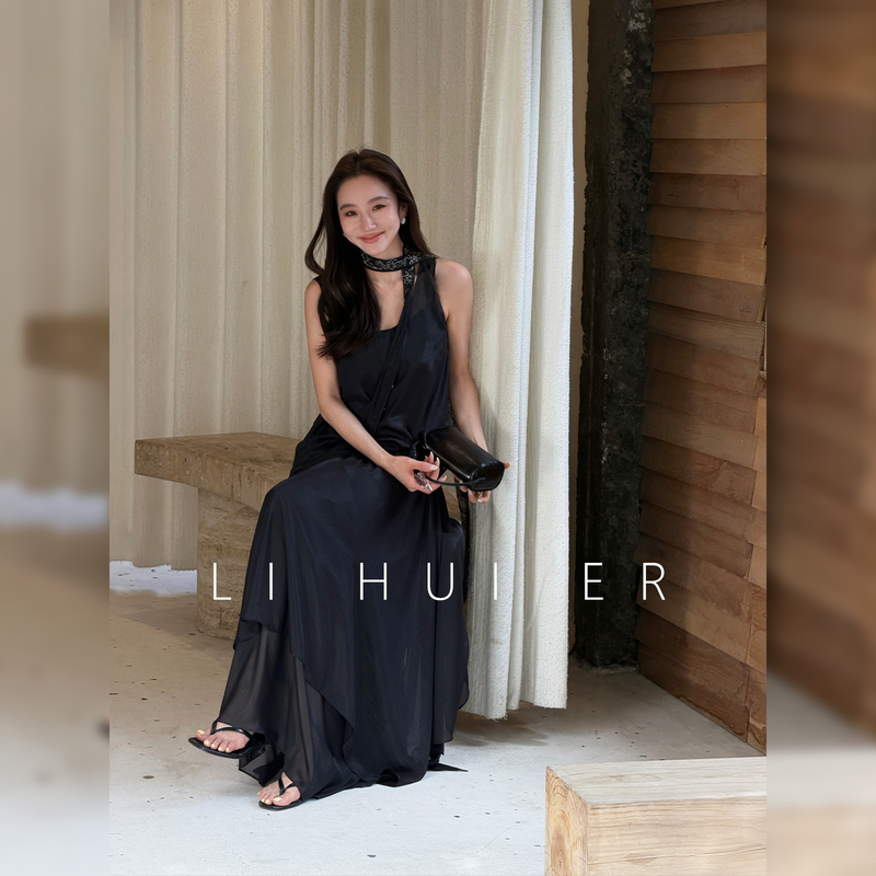 Lihuier Li Hui'Er Mountain Gardenia Long Summer Light Luxury Dark Black Ribbon Vest and Skirt Set for Women