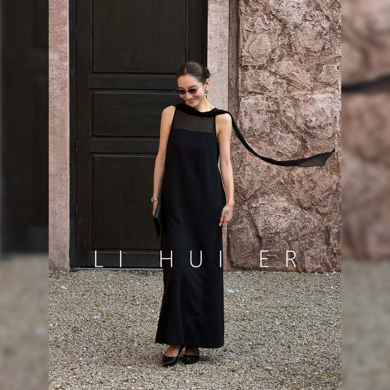 Lihuier [Dangling Mirror] Summer Black Acetate Sleeveless Ribbon Light Luxury Vest Dress Women's Clothing