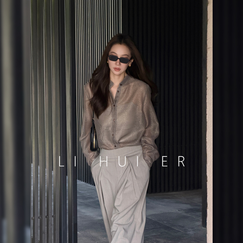 Lihuier Li Hui'Er Barcelona Autumn Vintage Old Money Brown Shiny Mesh Stand Collar Shirt Top