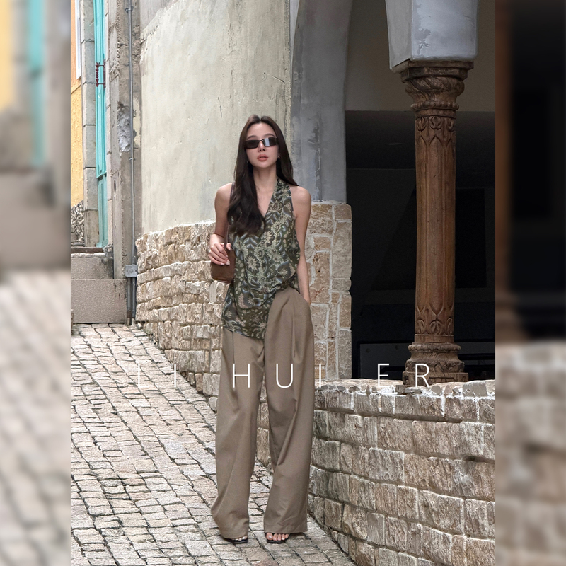 Lihuier [Bai Li Prologue] 100% Ramie Summer Printed High-End Resort Style Moss Green Vest