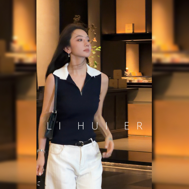 Lihuier Li Hui'Er's Sea-Colored Summer Slim-Fit Slimming Navy Blue Casual Knit Sleeveless Top Lihuier Li Hui'Er's Sea-Colored Summer Slim-Fit Slimming Navy Blue Casual Knit Sleeveless Top