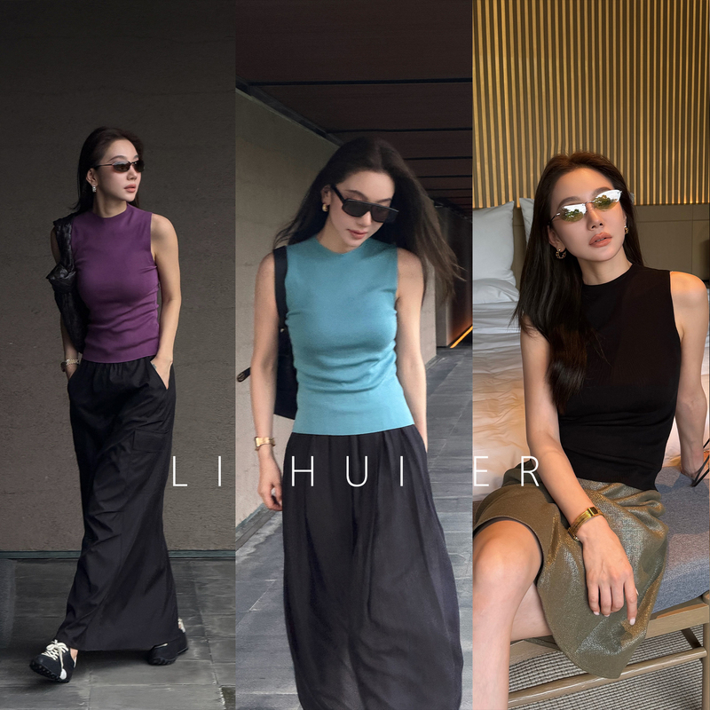 Lihuier [Lanxi] Summer Blue Round Neck Sleeveless Knitted Vest Slim Fit Solid Color Top for Women