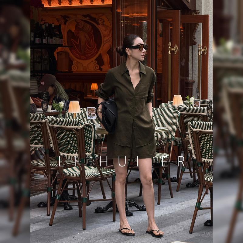 Li Hui Er (Li Hui'Er) Xia Teng (夏藤) Army Green Summer Linen Shirt + Shorts Thin Set for Women Li Hui Er (Li Hui'Er) Xia Teng (夏藤) Army Green Summer Linen Shirt + Shorts Thin Set for Women