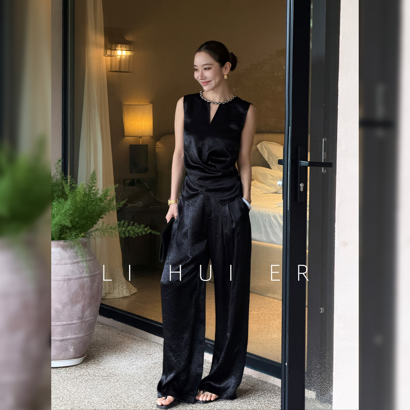 Lihuier Li Hui'Er Moonlight Sunset Summer Style 100% Acetate Black Satin Irregular Vest and Pants Set Lihuier Li Hui'Er Moonlight Sunset Summer Style 100% Acetate Black Satin Irregular Vest and Pants Set