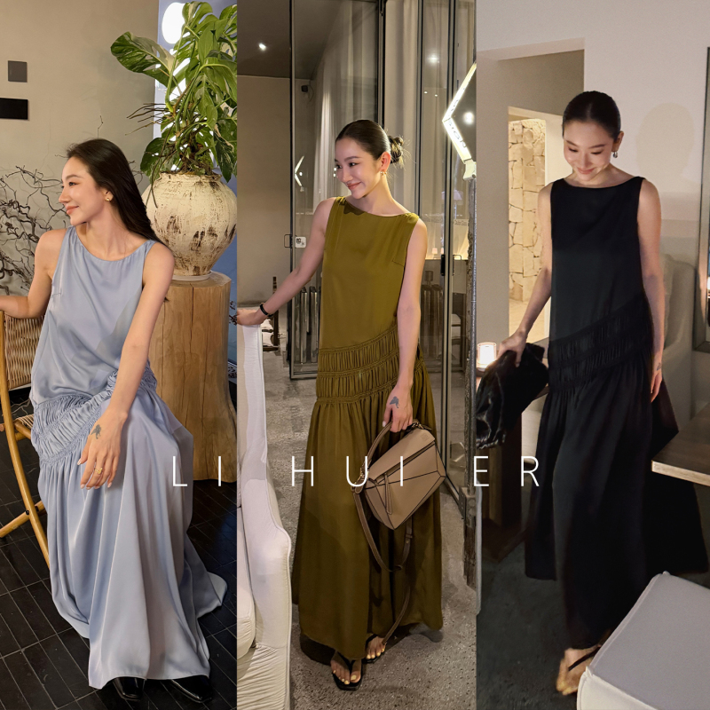 Lihuier [Scottish Lake] Summer Black Round Neck Sleeveless High Waist French Style Tank Dress for Women