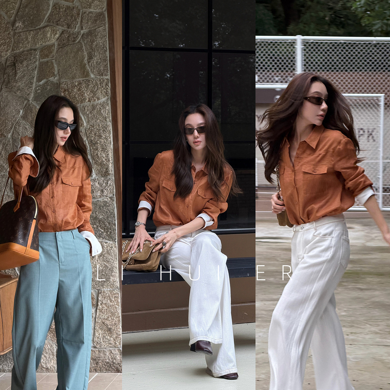 Li Hui Er Baroque Medal 100% Ramie Vintage Caramel Color High-End Casual Versatile Shirt Li Hui Er Baroque Medal 100% Ramie Vintage Caramel Color High-End Casual Versatile Shirt