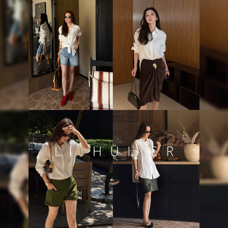 Lihuier [Awakened Dream] 100% Linen Minimalist High-End Long-Sleeved White Shirt Solid Color Top