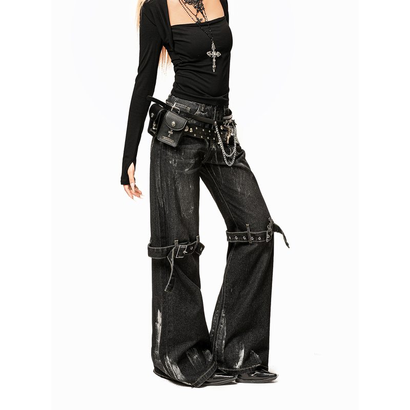 Arielink American Retro Washed Distressed Jeans for Women, Subculture Punk Style, Hot Girl Wide-Leg Floor-Length Pants Arielink American Retro Washed Distressed Jeans for Women, Subculture Punk Style, Hot Girl Wide-Leg Floor-Length Pants