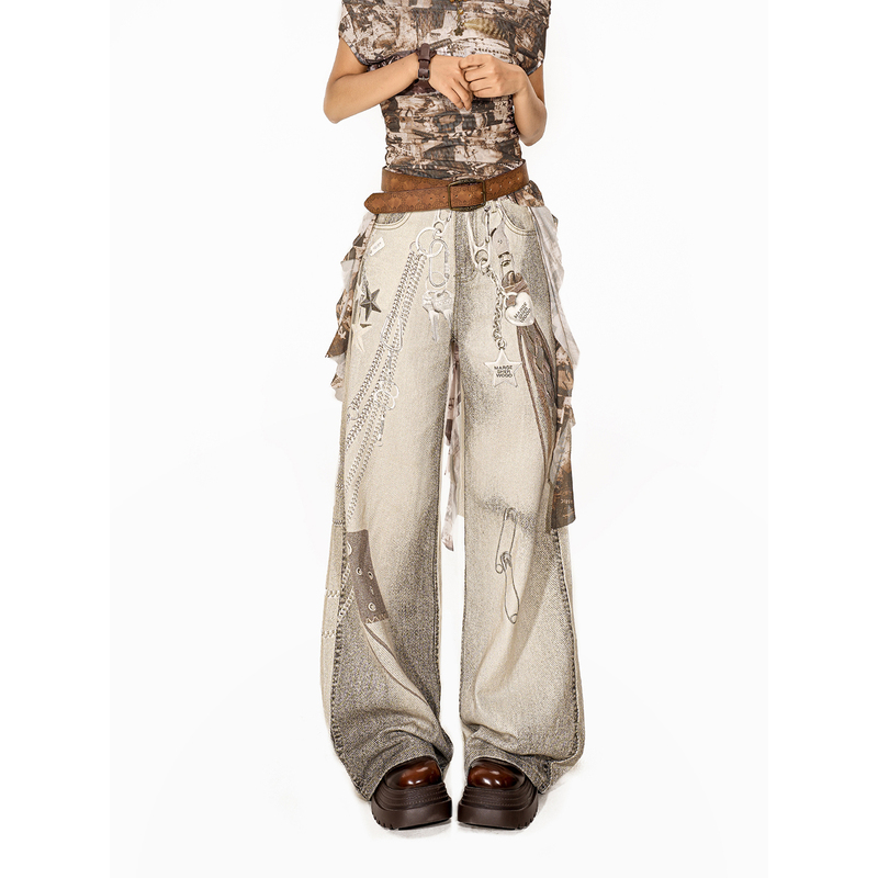 Arielink Retro Hand-Painted Printed Jeans for Women, Heavy-Duty 3D Digital Printing, Chain Straight-Leg Wide-Leg Floor-Length Pants Arielink Retro Hand-Painted Printed Jeans for Women, Heavy-Duty 3D Digital Printing, Chain Straight-Leg Wide-Leg Floor-Length Pants