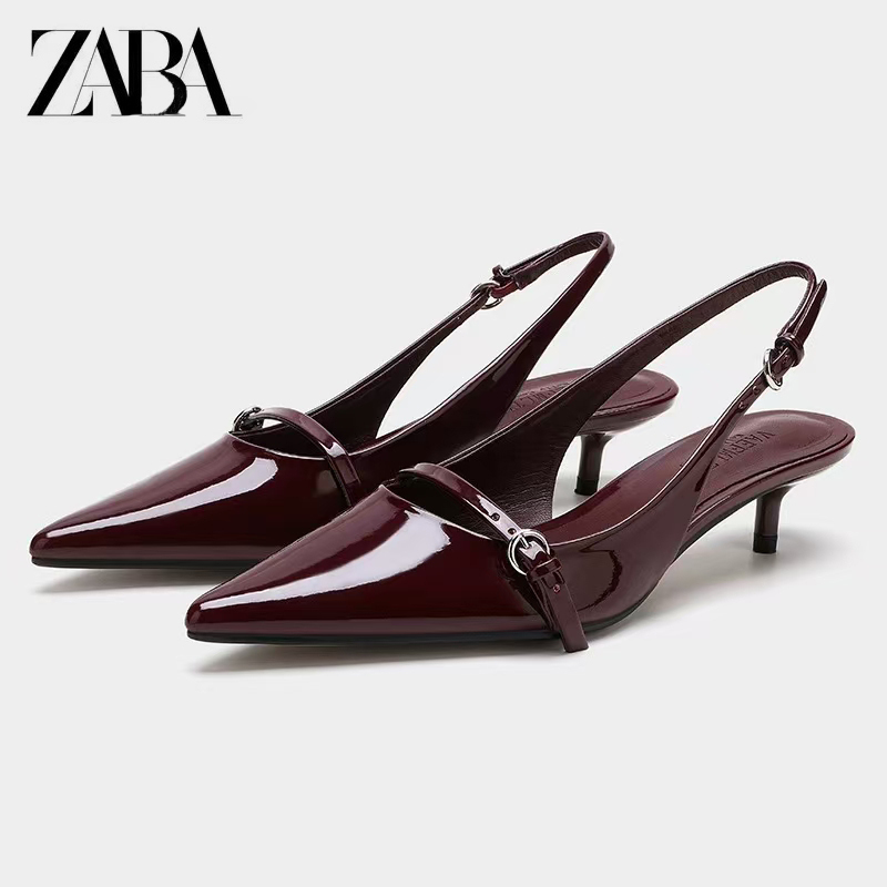 Special Clearance Zaba Raicis Genuine Leather Pointed Toe Ankle Strap Large Size Sandals Women's Kitten Heel Burgundy High Heels
