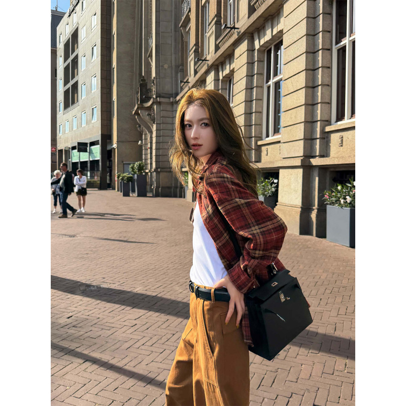 Fiery Fire [Rum] American Retro Red Plaid Shirt for Women, New Autumn Style, Loose Fit, Drop Shoulder, Long Sleeve Top
