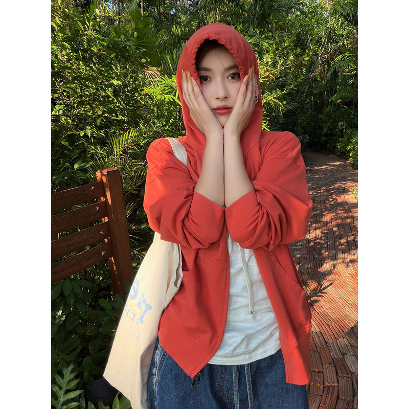Fiery Red American Retro Style Hooded Sweatshirt for Women, New Loose Fit Slimming Casual Sports Jacket