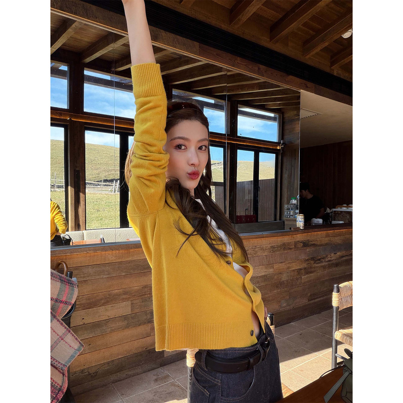 Fiery Fire【Autumn Harvest】Minimalist Autumn/Winter Outfit with Merino Wool & Cashmere, Vintage Versatile Long-Sleeve Knitted Cardigan for Women
