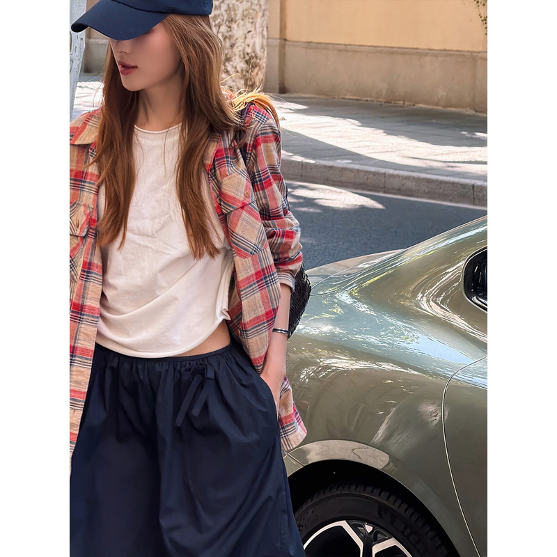 Fiery Fire【Checkerboard】Retro Contrasting Plaid Long-Sleeved Shirt for Women New Style Lazy Sun Protection Shirt Cardigan