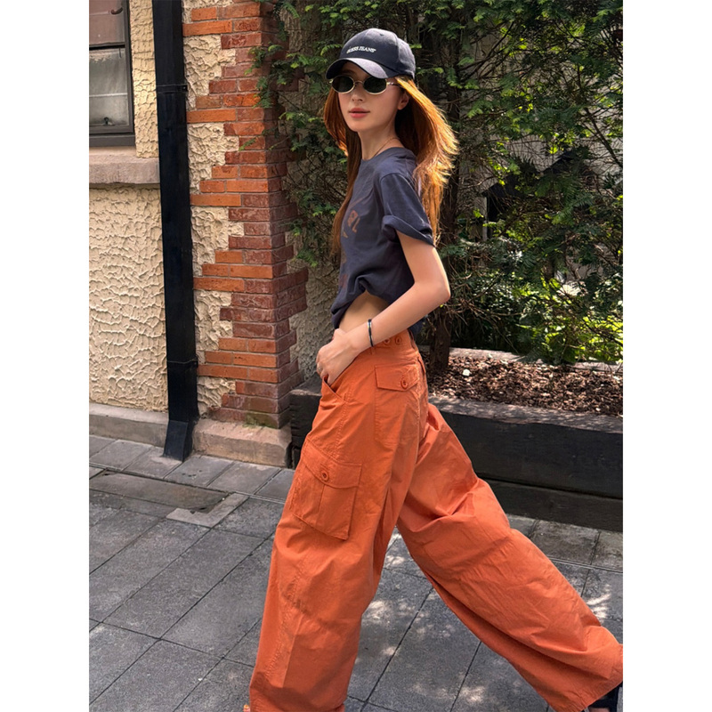 Fiery Fire【Pumpkin Workwear】Double Pocket Workwear Wide Leg Pants for Women New Street Style Outdoor Workwear Casual Pants Fiery Fire【Pumpkin Workwear】Double Pocket Workwear Wide Leg Pants for Women New Street Style Outdoor Workwear Casual Pants