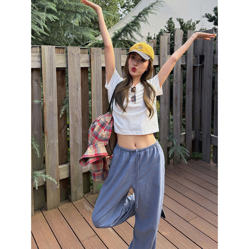 Fiery Fire【Sea Salt Hemp Pants】Gray Blue Casual Wide-Leg Pants for Women New Drawstring Elastic Waist Workwear Style Pants