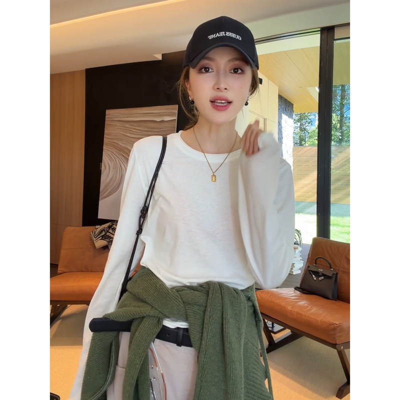 Fiery Fire【Pressure-Free T】White Round Neck Short Long Sleeve Base T-Shirt for Women, New Basic Style Inner Layer Top