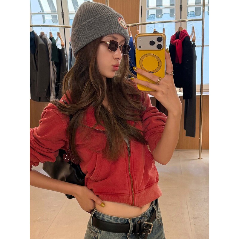 Fiery Red【American Red】Autumn Classic American Red New Short Casual Hooded Cardigan Sweatshirt for Women