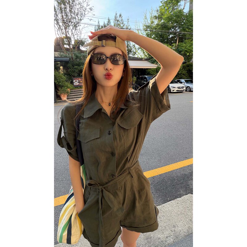 Fiery Fire【High-End Olive】Korean-Style Retro Linen Workwear Jumpsuit for Women, New Model with Waist-Cinching Tie