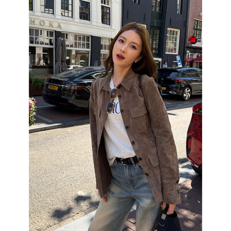 Fiery Fire [Philadelphia] Sheep Leather High-End Leather Jacket for Women New Autumn Vintage Workwear Turn-Down Collar Top