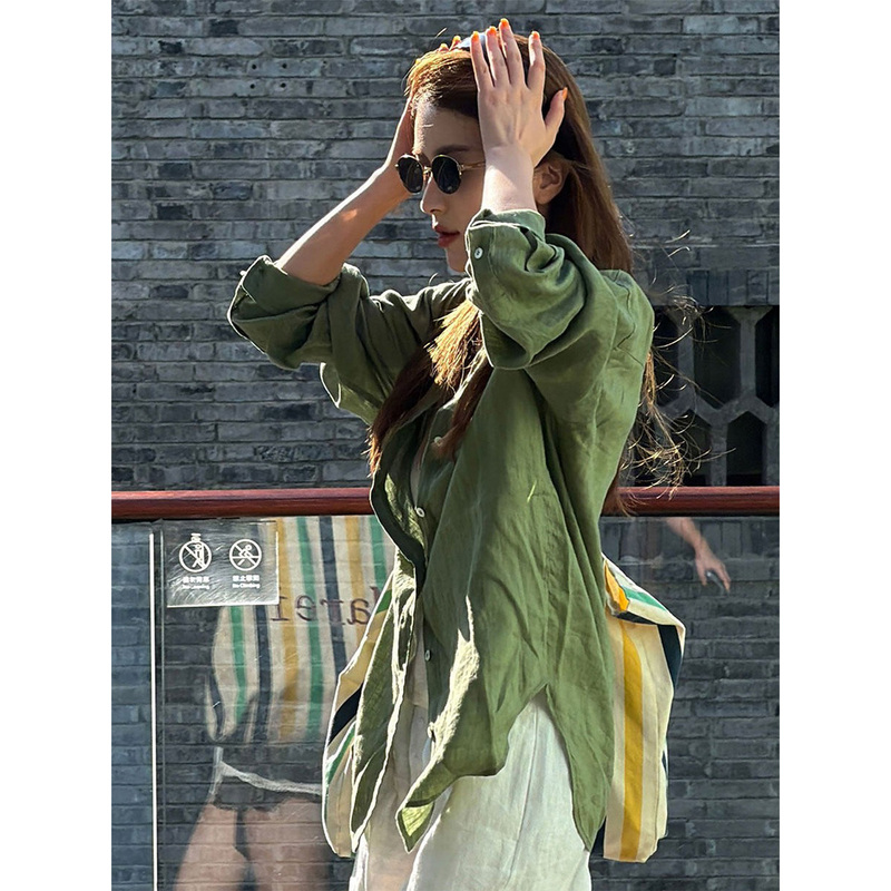 Fiery Fire【Olive Style】Linen Old Money Style Loose Long Sleeve Shirt for Women in Light Green 2026 New Model