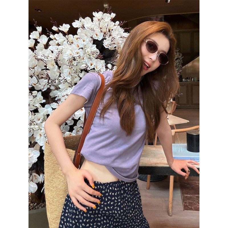 Fiery Fire Regular Shoulder Short Sleeve T-Shirt for Women 2026 New Purple Pure Cotton Slim Fit Round Neck Short Top